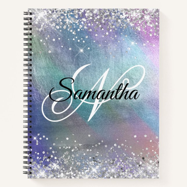Silver Glitter Iridescent Foil Fancy Monogrammed Notebook (Front)