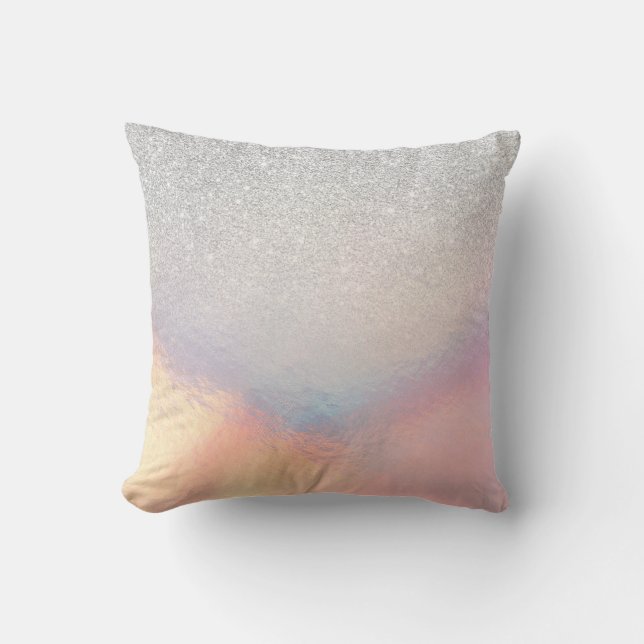 Silver Glitter Iridescent Holographic Gradient Throw Pillow (Front)