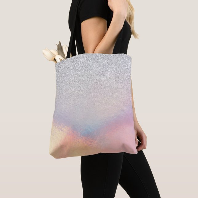 Silver Glitter Iridescent Holographic Gradient Tote Bag (Close Up)