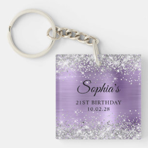 Silver Glitter L Purple Foil 21st Birthday Photo Keychain