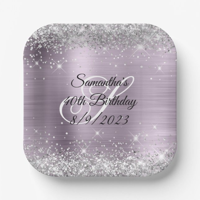 Silver Glitter Lavender Foil 40th Birthday Paper Plate (Front)