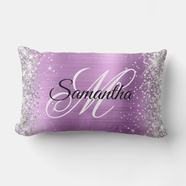 Silver Glitter Lavender Foil Fancy Monogram Lumbar Pillow (Front)