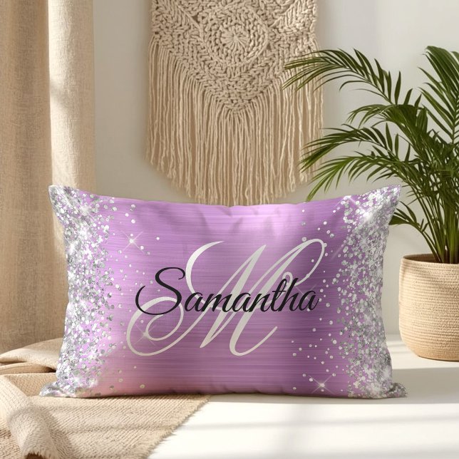 Silver Glitter Lavender Foil Fancy Monogram Lumbar Pillow (Silver Glitter Lavender Foil Fancy Monogram Lumbar Pillow)