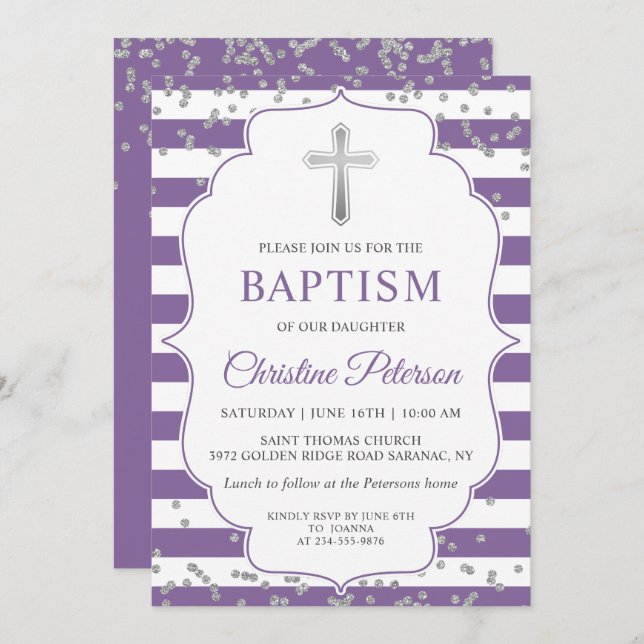 Silver Glitter Lavender Purple Girl Baptism Invitation (Front/Back)