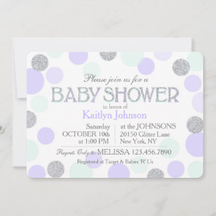 Silver Glitter Lavender Seafoam Dots Baby Shower Invitation
