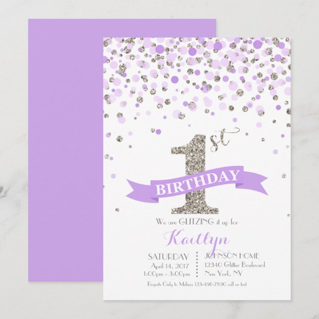Silver Glitter Lavender Sprinkles Modern Birthday Invitation (Front/Back)