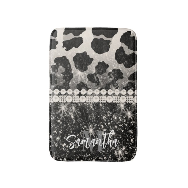 Silver Glitter Leopard Print Bath Mat (Front Vertical)