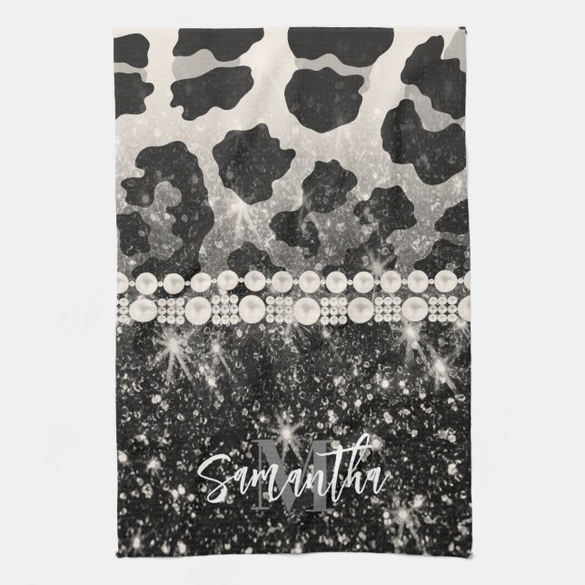 Silver Glitter Leopard Print Kitchen Towel (Vertical)
