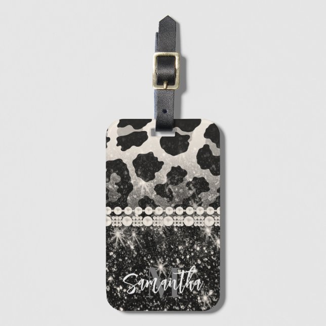 Silver Glitter Leopard Print Luggage Tag (Front Vertical)