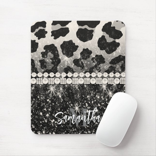 Silver Glitter Leopard Print Mouse Pad (With Mouse)