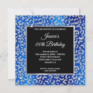 Silver Glitter Leopard Royal Blue Foil Birthday Invitation