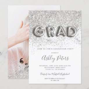 Silver glitter letters pink photo graduation invitation
