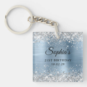 Silver Glitter Light Blue Foil 21st Birthday Photo Keychain