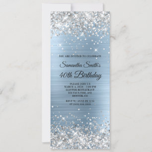 Silver Glitter Light Blue Foil 40th Birthday Invitation
