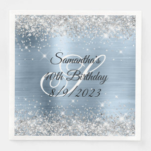 Silver Glitter Light Blue Foil 40th Birthday Napkin