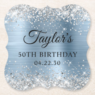 Silver Glitter Light Blue Foil 50th Birthday Paper Coaster