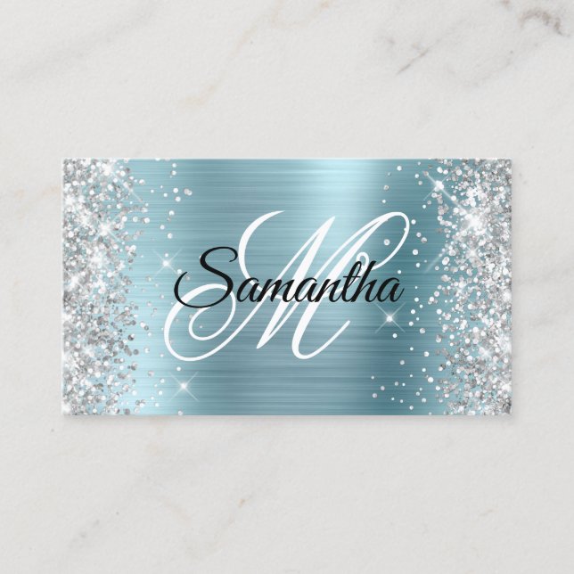 Silver Glitter Light Blue Foil Fancy Monogram Business Card (Front)