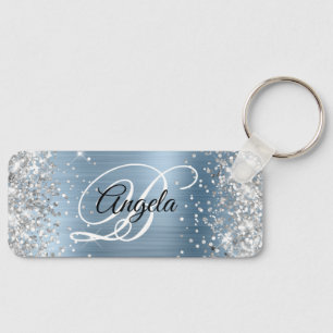 Silver Glitter Light Blue Foil Fancy Monogram Keychain