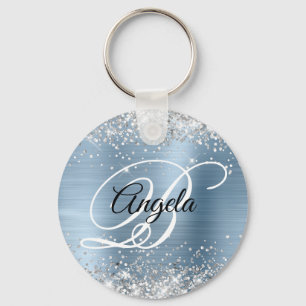 Silver Glitter Light Blue Foil Fancy Monogram Keychain