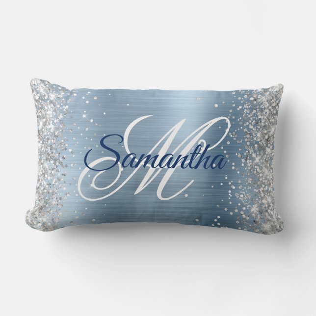 Silver Glitter Light Blue Foil Fancy Monogram Lumbar Pillow (Front)