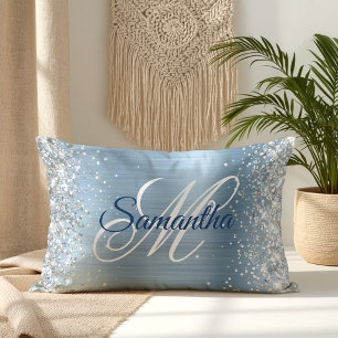Silver Glitter Light Blue Foil Fancy Monogram Lumbar Pillow