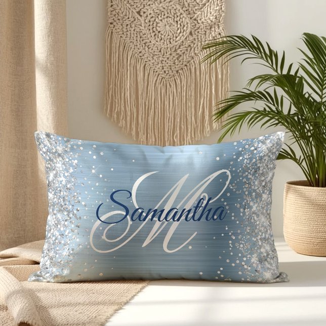 Silver Glitter Light Blue Foil Fancy Monogram Lumbar Pillow (Silver Glitter Light Blue Foil Fancy Monogram Lumbar Pillow)