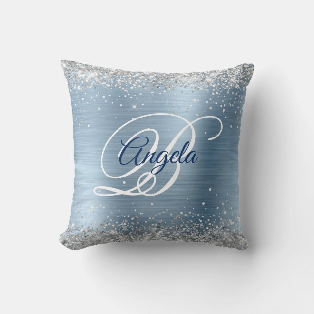 Silver Glitter Light Blue Foil Fancy Monogram Throw Pillow (Front)