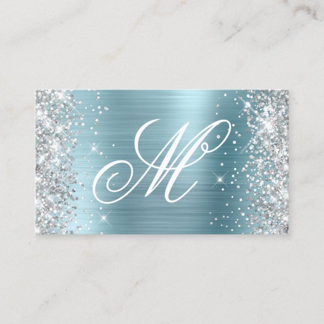Silver Glitter Light Blue Foil Fancy Monogrammed Business Card (Front)