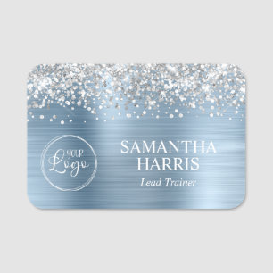Silver Glitter Light Blue Foil Logo Title Name Tag