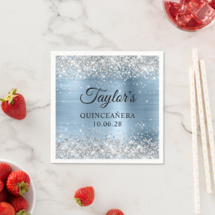Silver Glitter Light Blue Foil Quinceañera Napkin
