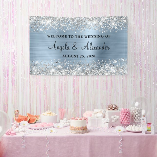 Silver Glitter Light Blue Foil Wedding Welcome Banner (Party)