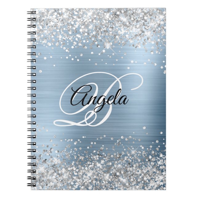 Silver Glitter Light Blue Metallic Fancy Monogram Notebook (Front)