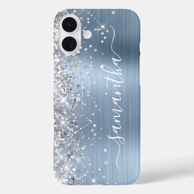 Silver Glitter Light Blue Metallic Girly Signature Case-Mate iPhone Case (Back)