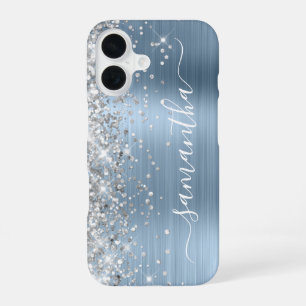 Silver Glitter Light Blue Metallic Girly Signature iPhone 16 Case