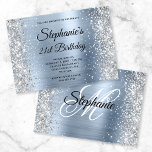 Silver Glitter Light Blue Monogram 21st Birthday Invitation<br><div class="desc">Create your own fancy monogram stylish milestone 21st birthday celebration horizontal format 5x7 invitation for her. Decorative faux sparkly silver glitter graphics border the edges on a faux silvery grey metallic style foil digital art. Customize the invitation and monogram font colours or styles. You can also delete any text template...</div>