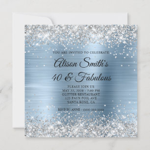 Silver Glitter Light Blue Monogram 40 & Fabulous Invitation