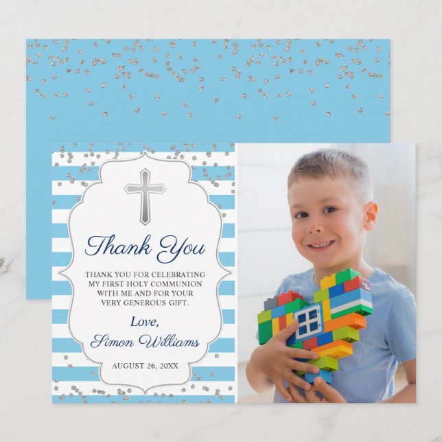 Silver Glitter Light Blue Photo First Communion Thank You Card (Front/Back)