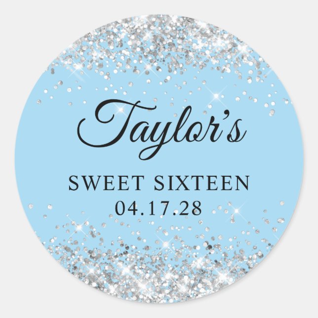Silver Glitter Light Blue Sweet Sixteen Classic Round Sticker (Front)