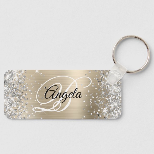 Silver Glitter Light Gold Foil Fancy Monogram Keychain (Front)