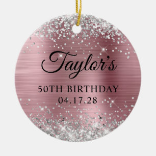 Silver Glitter Light Pink 50th Birthday Photo Ceramic Ornament