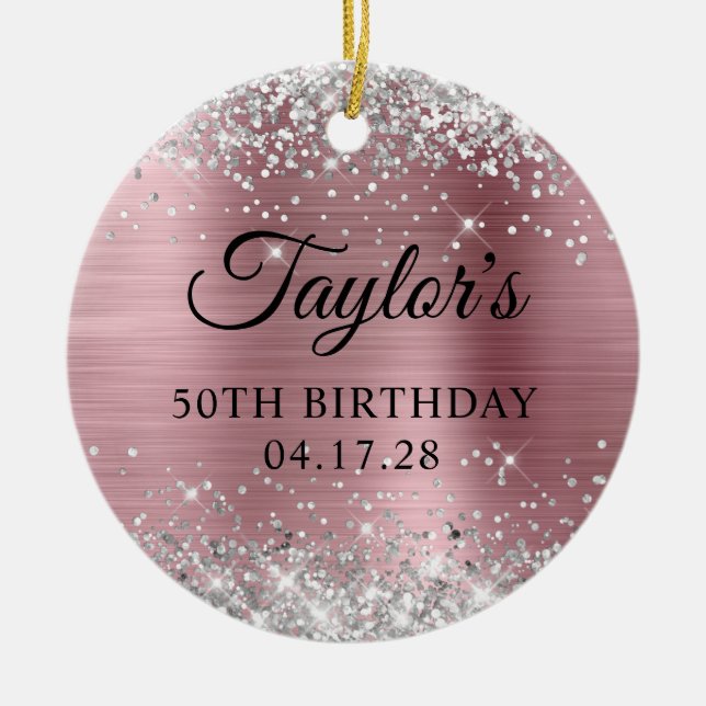 Silver Glitter Light Pink 50th Birthday Photo Ceramic Ornament (Front)