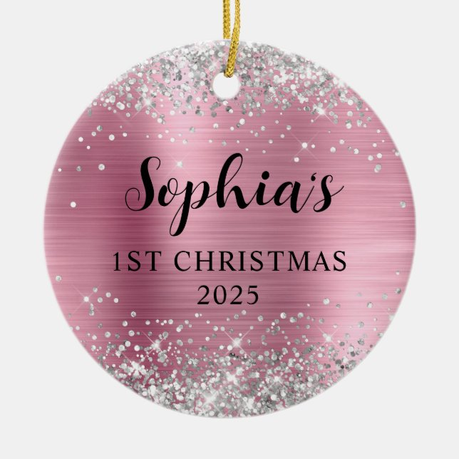 Silver Glitter Light Pink Foil 1st Christmas Photo Ceramic Ornament (Front)