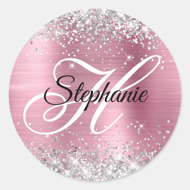 Silver Glitter Light Pink Foil Fancy Monogram Classic Round Sticker (Front)
