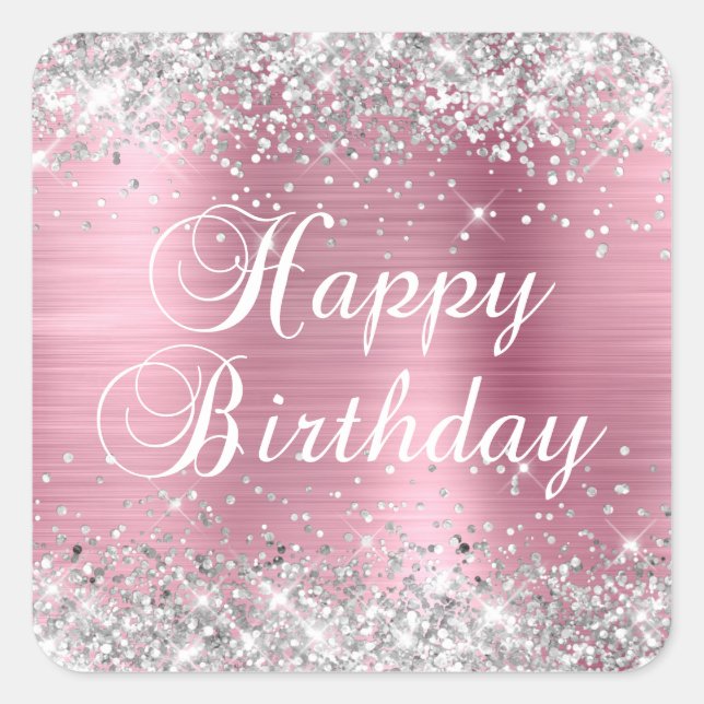 Silver Glitter Light Pink Foil Happy Birthday Square Sticker (Front)