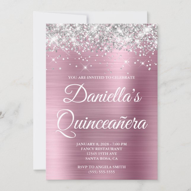 Silver Glitter Light Pink Foil Quinceañera Invitation (Front)