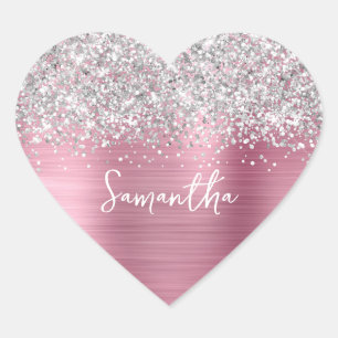 Silver Glitter Light Pink Glam Name Heart Sticker