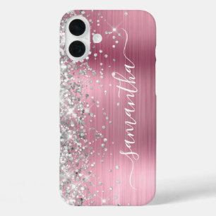 Silver Glitter Light Pink Metallic Girly Signature iPhone 16 Plus Case
