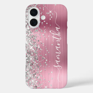 Silver Glitter Light Pink Metallic Girly Signature iPhone 16 Case