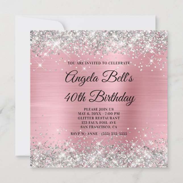 Silver Glitter Light Pink Shimmer Foil Monogram Invitation (Front)