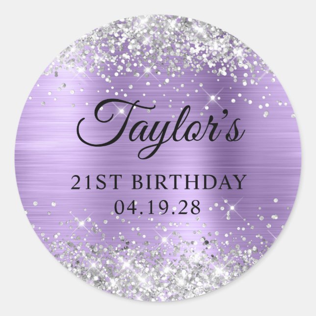 Silver Glitter Light Purple Foil 21st Birthday Classic Round Sticker (Front)